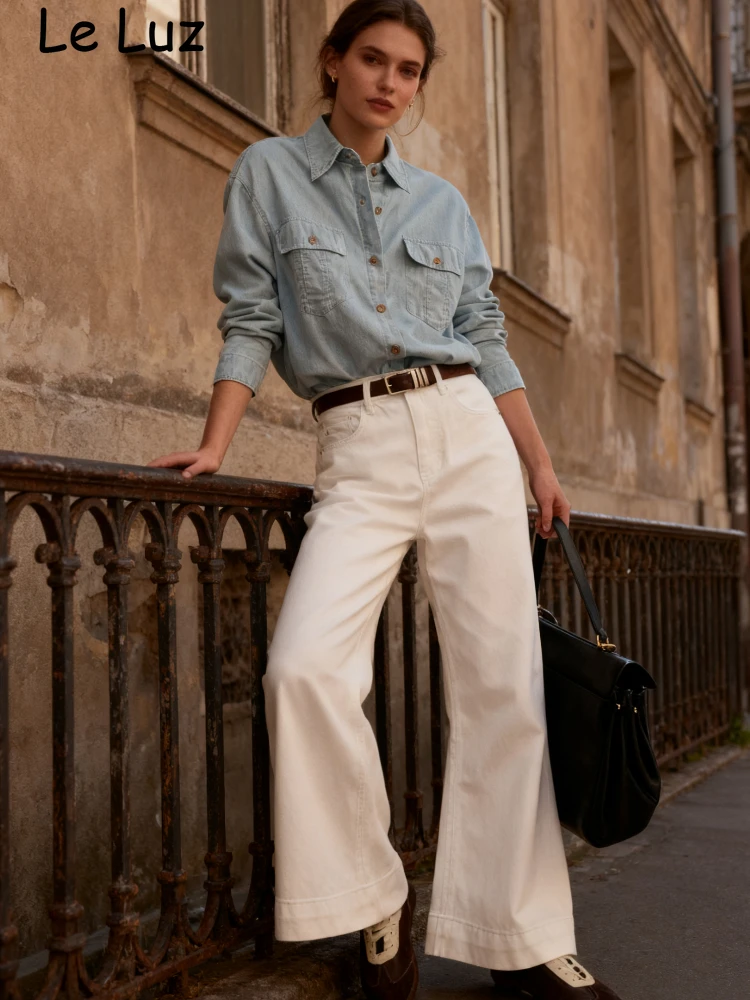 

French Style Elegant Blouse Shirt Women Spring Autumn vintage Linen Blue Long Sleeve Pocket Casual Office Ladies Top Shirts New