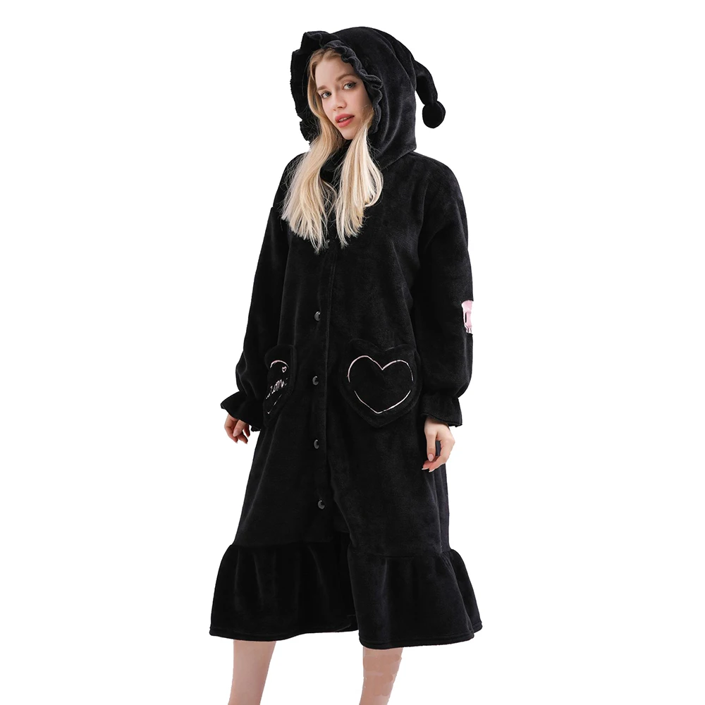 Black Halloween Skull Embroidered Nightdress Women's Flannel Hooded Cartoon Nightgown Loose Night Dress Sleepwear Anime Pajamas