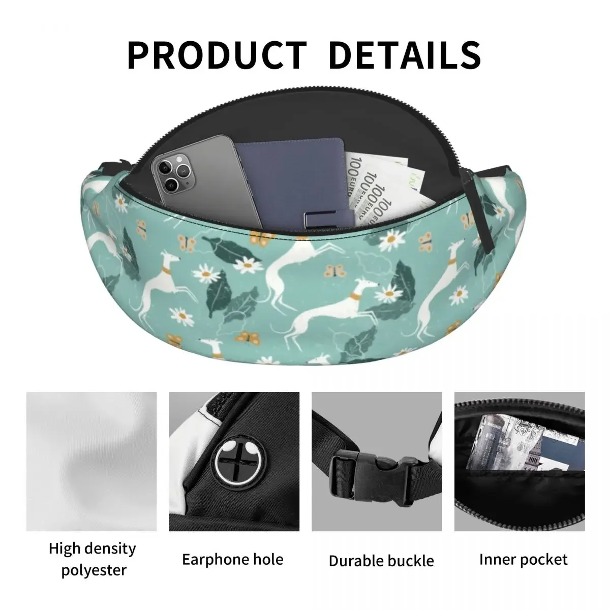 Pacote de cintura crossbody para homens e mulheres, Greyhound Fanny Bag, Whippet personalizado, Sighthound Dog, Traveling Phone Money Pouch