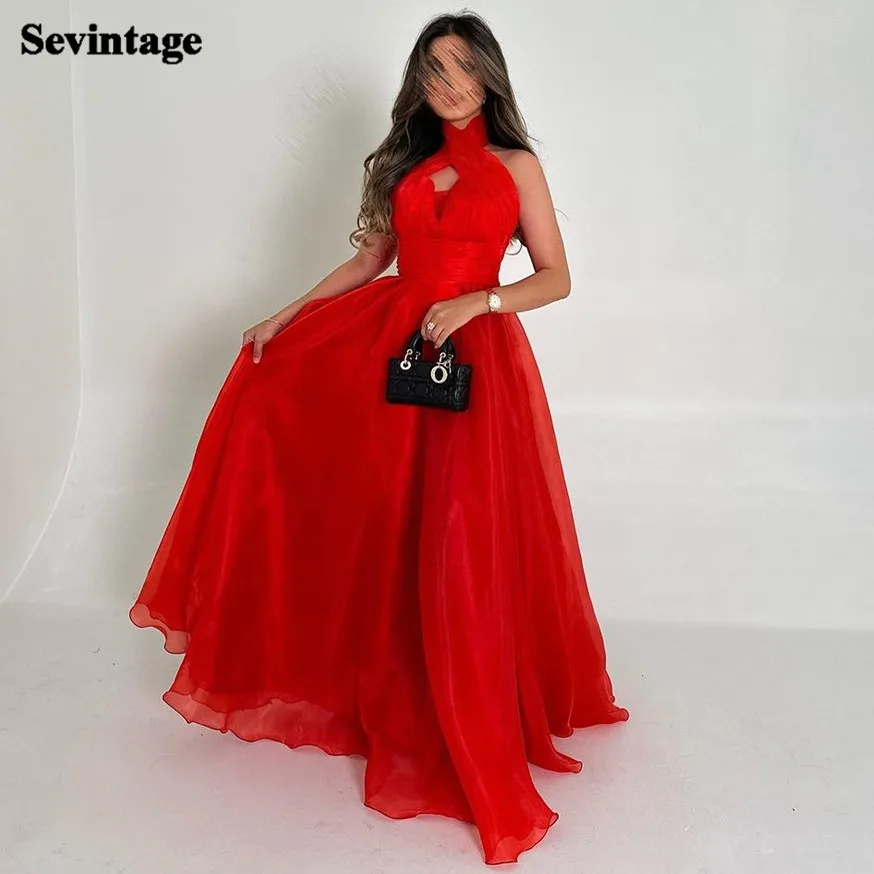 

Sevintage Elegant Red Arabia Prom Dress Organza Halter A-Line Backless Ruched Formal Evening Dress Floor Length Party Gowns 2024