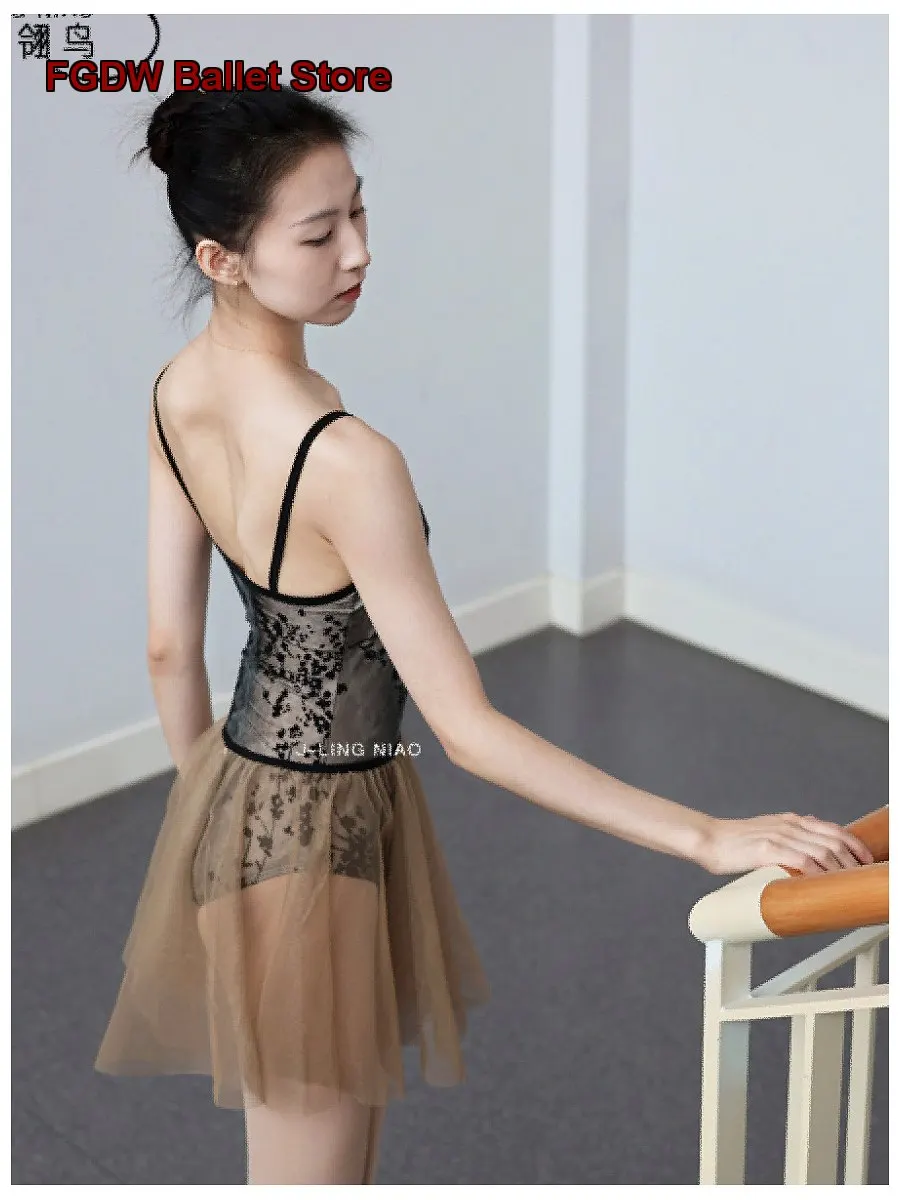 Women's Adult Spaghetti Strap Body Suit for Dance and Gymnastics Flocked Unitard for Aerial Dance
