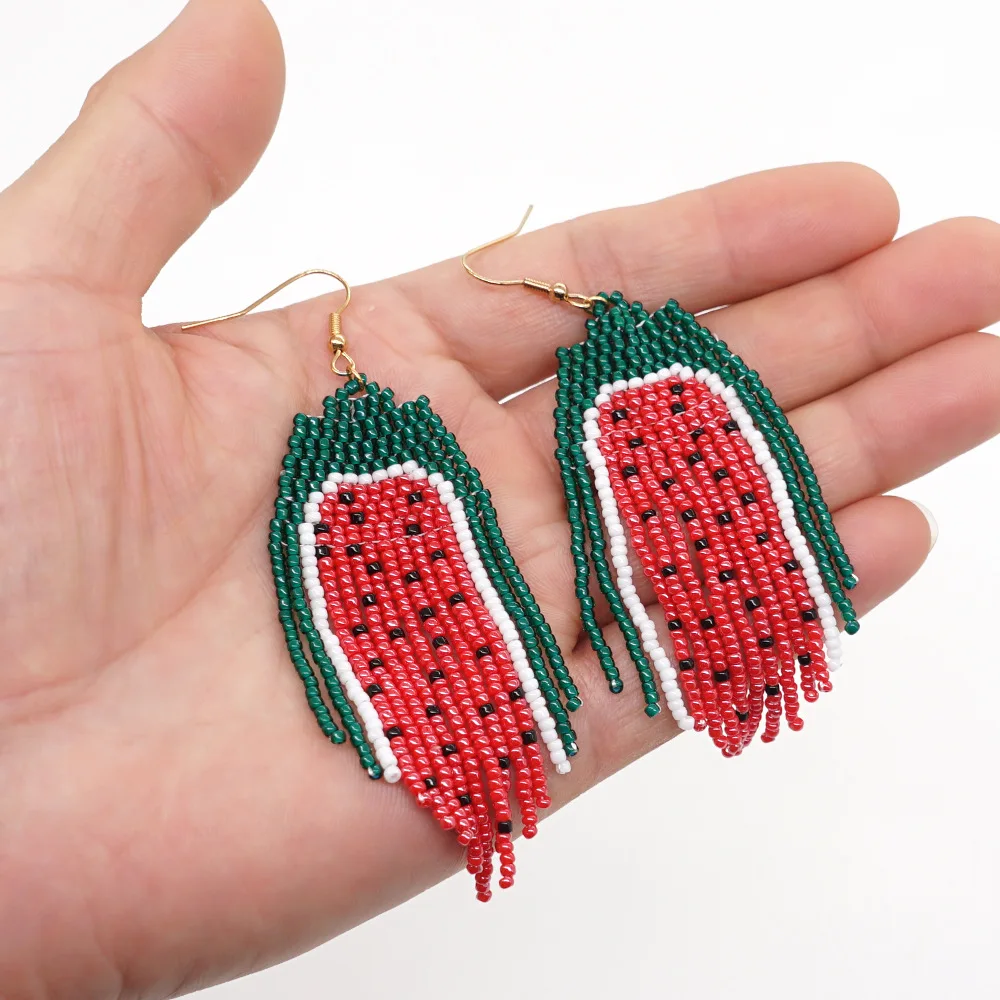 

Серьги из рисовых бусин в богемном стиле, форма арбуза, универсальная кисточка, ручная работа, индивидуальный простой оригинальный дизайн, серьги из бисера
