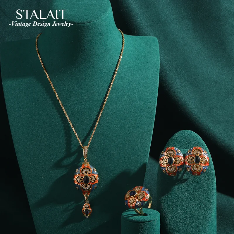 

Palace Hollowed Out Carvings Oval Enamel Dubai Jewelry Sets for Women Luxury Gold Color Petal Pendant Necklace Earrings Rings