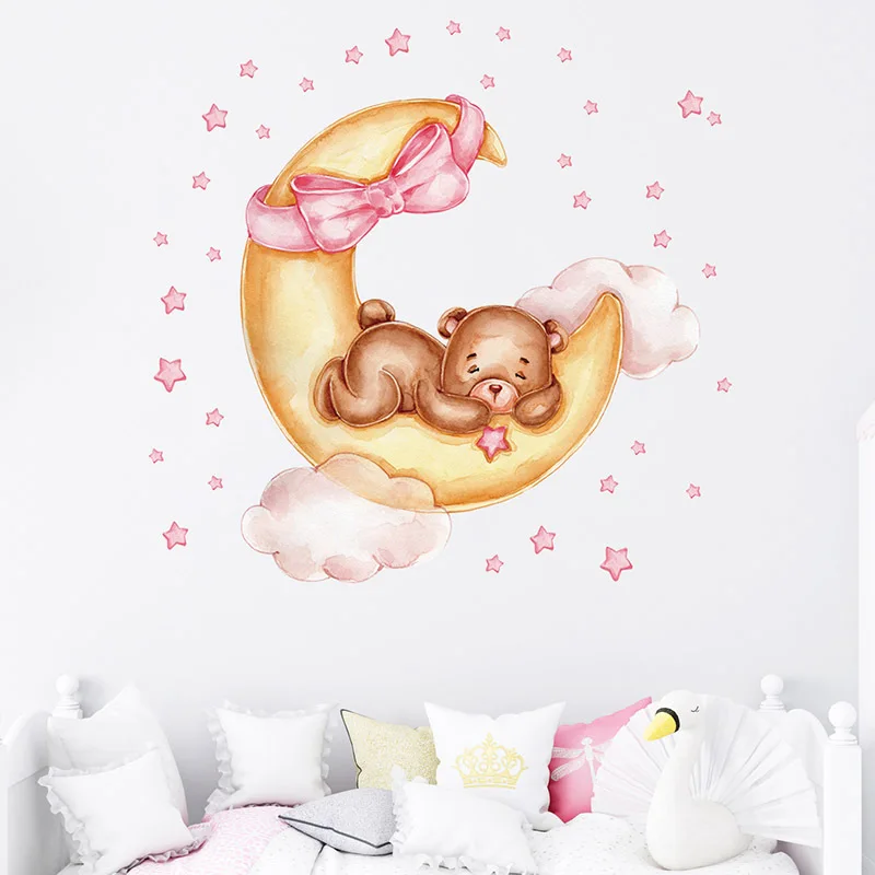 Wall Decals for Baby Girls Room Teddy Bear Sleeping on Gold Moon Wall Decor Stickers Bedroom Living Room Interior Wallpaper