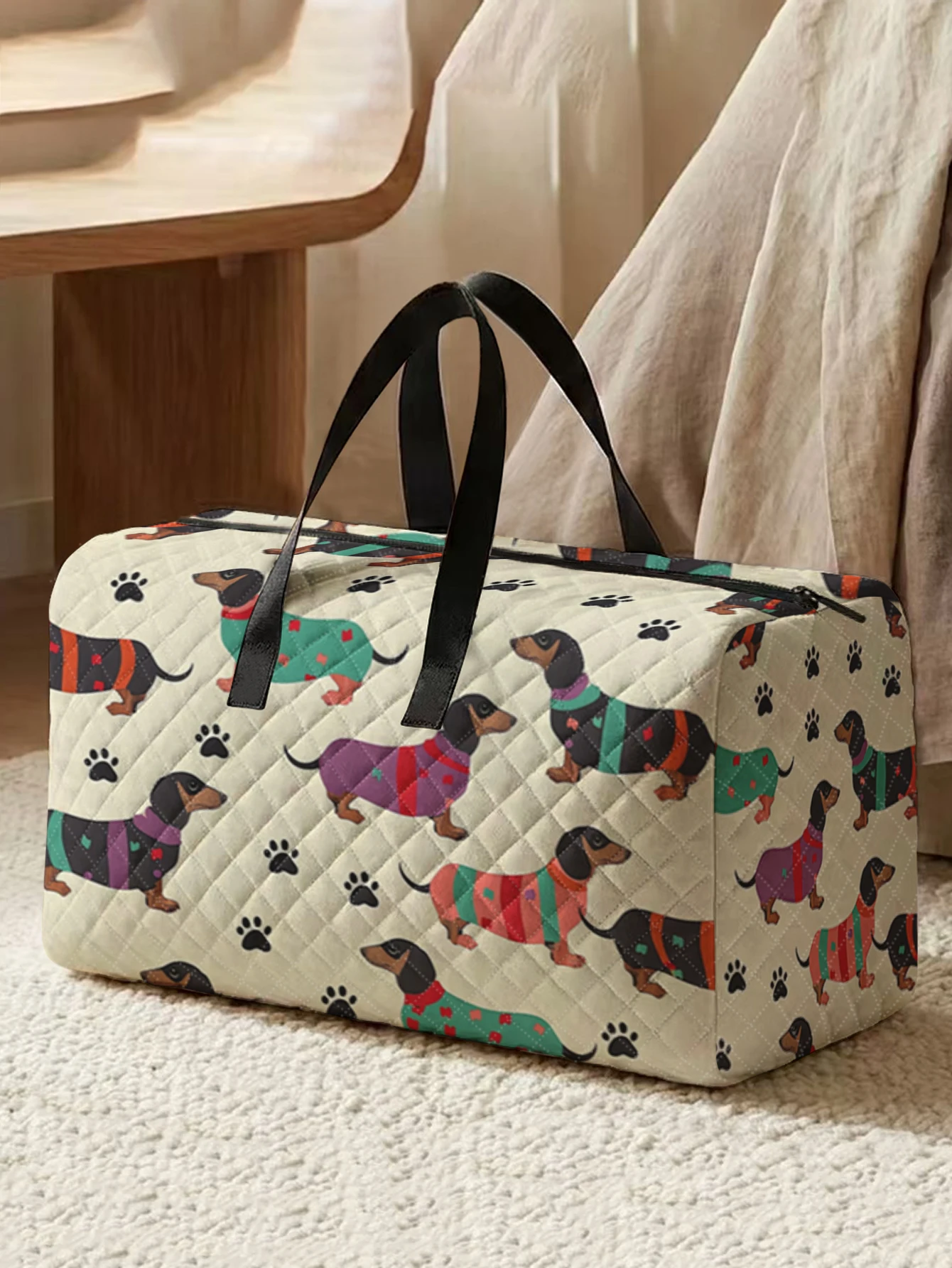 

1pc, Two styles, Cute Dachshund Dog Paw Printed Duffle Bag Portable Handbag suitable for Weekend Trip Sports Shopping