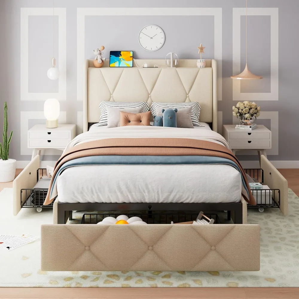Estrutura de cama de solteiro com 3 gavetas de armazenamento, cama de plataforma estofada com estação de carregamento rápido, cabeceira de armazenamento Wingback