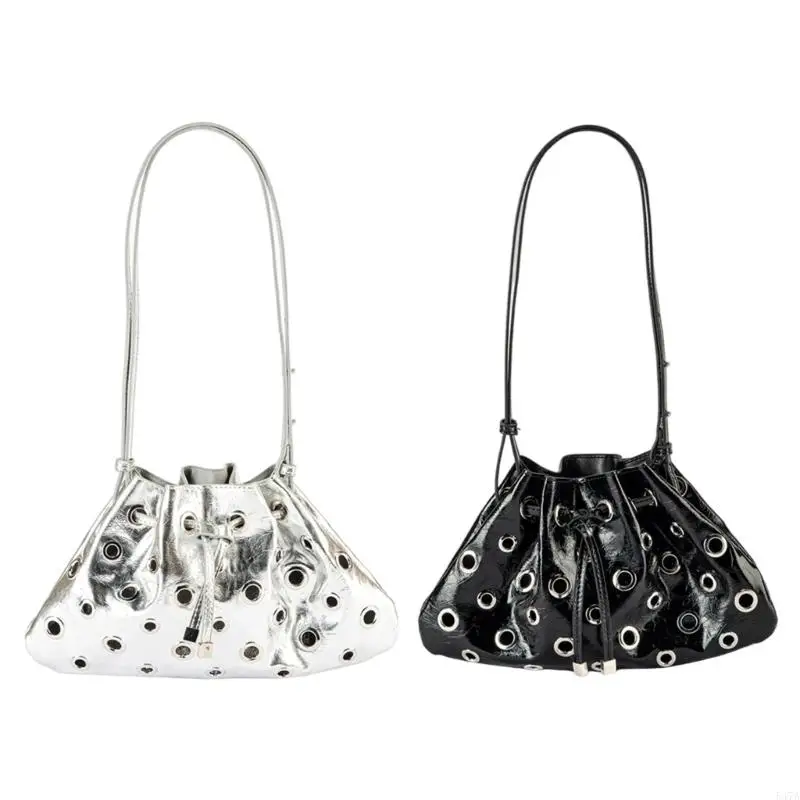 

Edgy Bucket Bag Metallic PU Leather Shoulder Evening Purse for Various Occasion 547A