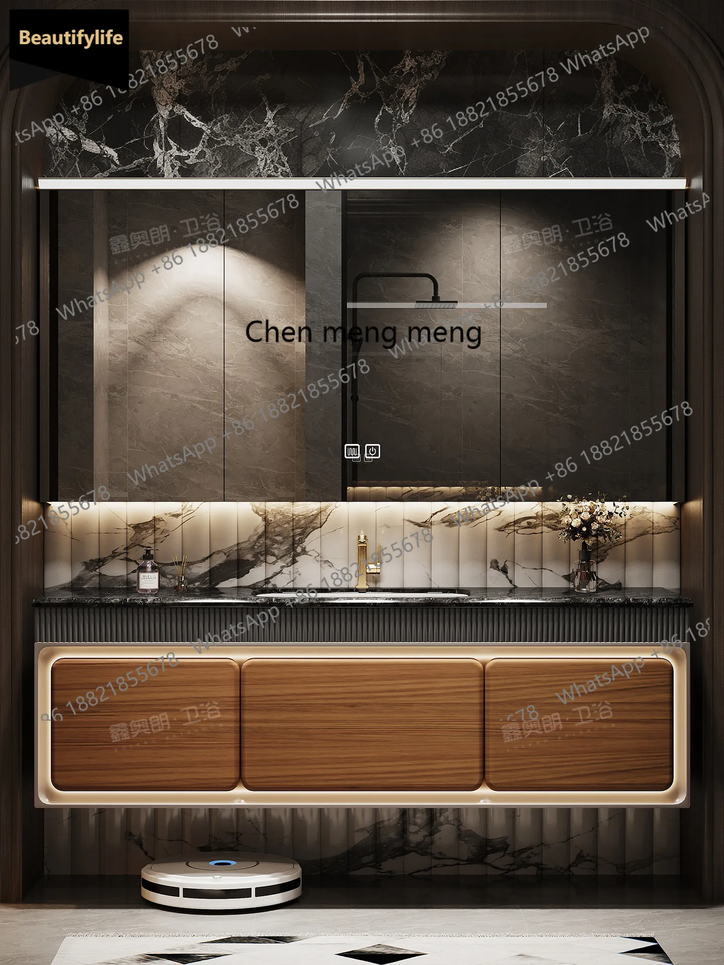 

B567 Modern light luxury ebony bathroom cabinet combination natural imported luxury stone washstand hand washing