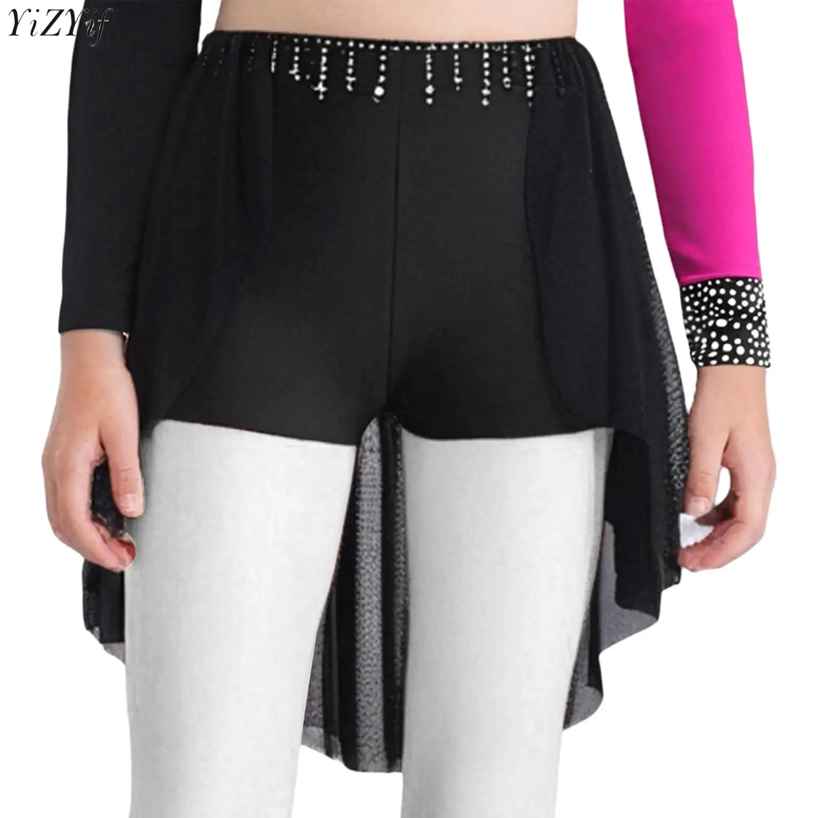 

Kids Girls Ballet Lyrical Dance Skirt Sparkly Rhinestones Asymmetric Open Front Mesh Short Skirts for Figure Skating Dancewear
