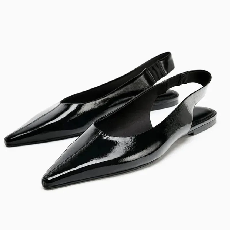 

Fashion Black Soft Leather Low Heel Pumps Women Elegant Pointy Toe Back Strap Ballet Flats Cozy Commuting Slingback Office Shoes