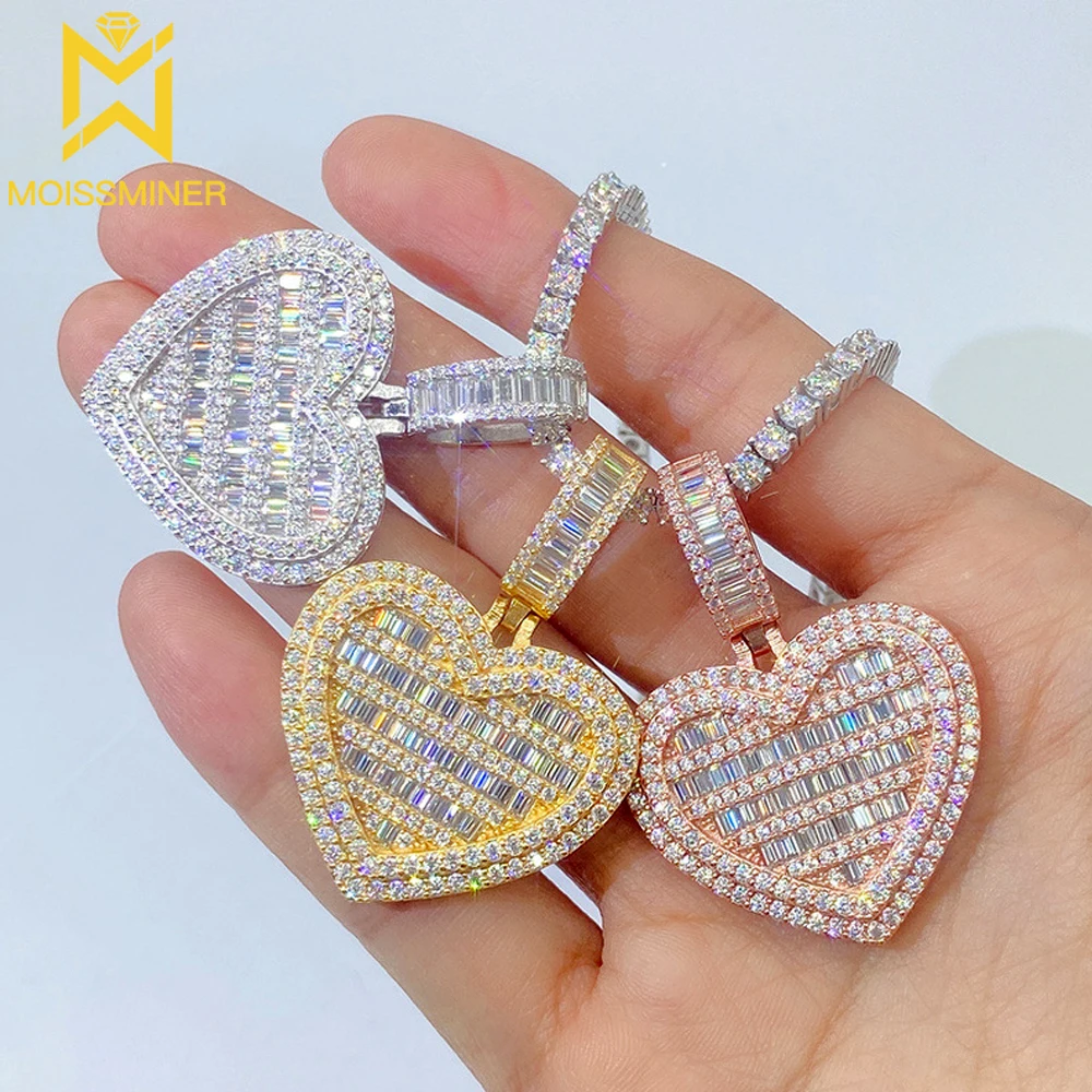 Baguettes Moissanite S925 Silver Heart Pendant Necklaces For Men Real Diamond Necklace Women Jewelry Pass Tester