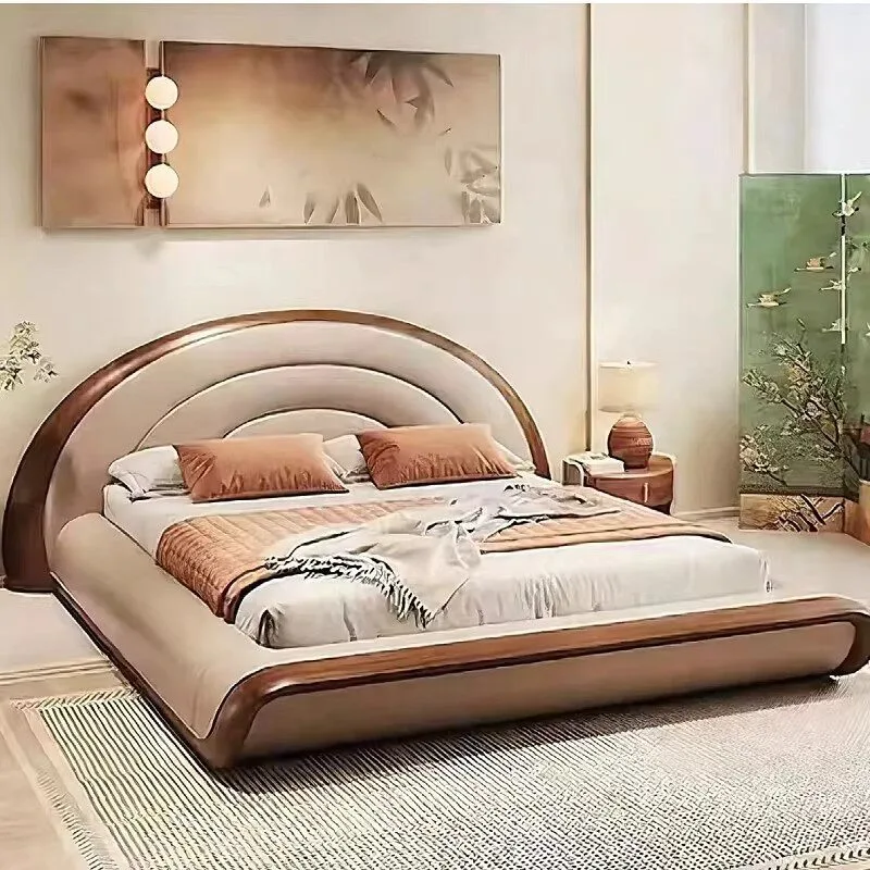 North American black walnut solid wood bed, high-end minimalist bedroom atmospheric curved bed furniture