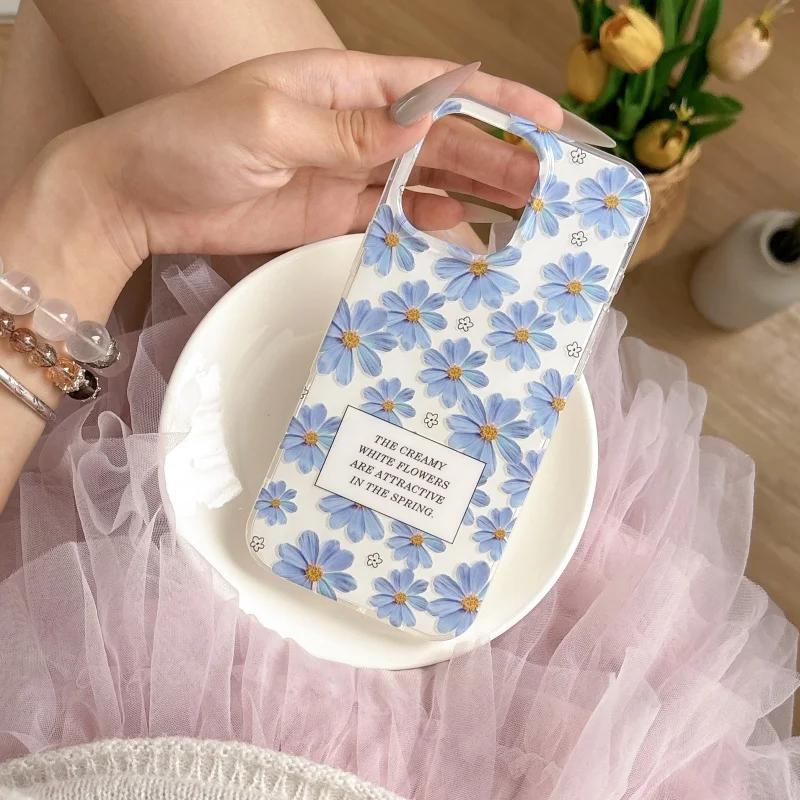 Ins الأزرق ديزي زهرة ثنائي الطبقة IMD جراب هاتف آيفون 16 برو ماكس 15 برو 14/13 13 برو لينة غطاء كامل شل حماية الجسم #6