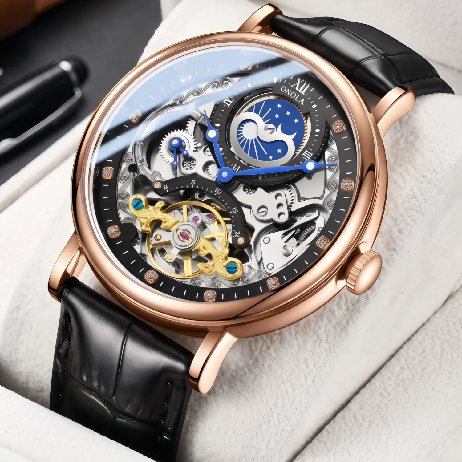 ONOLA Men's Mechanical Watch Round Case Retro Alloy Case Art Carving Hollow Movement Moon Phase Display Waterproof Gift for Men