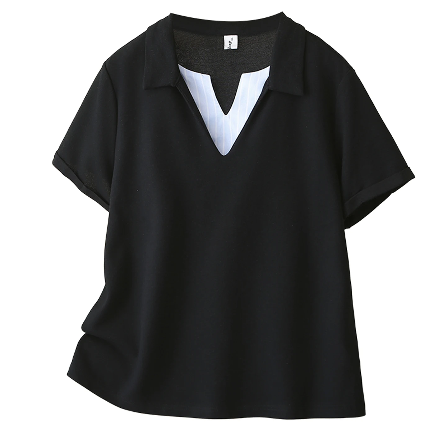 

2026 Summer Plus Size Fake Two-Piece Polo T-Shirt Color Block V Neck Slim Tops For Curvy Women 3079