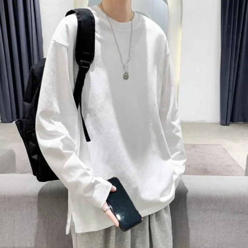 Men's Cotton Long Sleeve T-Shirt Spring Summer Autumn White Split Hem Loose Fit Casual Base Layer Top Pullover Tee