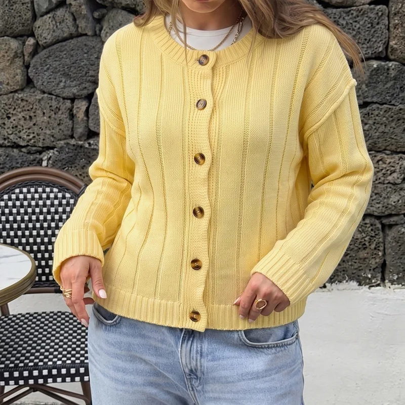 Women's Solid Ribbed Knit Cardigan Sweater Long Sleeve Single Breasted Casual Loose Lightweight Outerwear Coat For Daily Wear Of