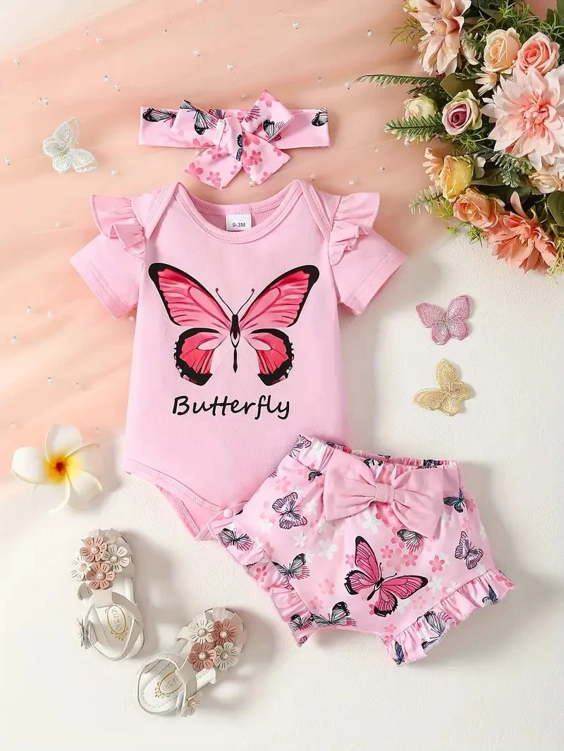 Baby Girl Butterfly Jumpsuit, Print Shorts, 3-Piece Headband Set