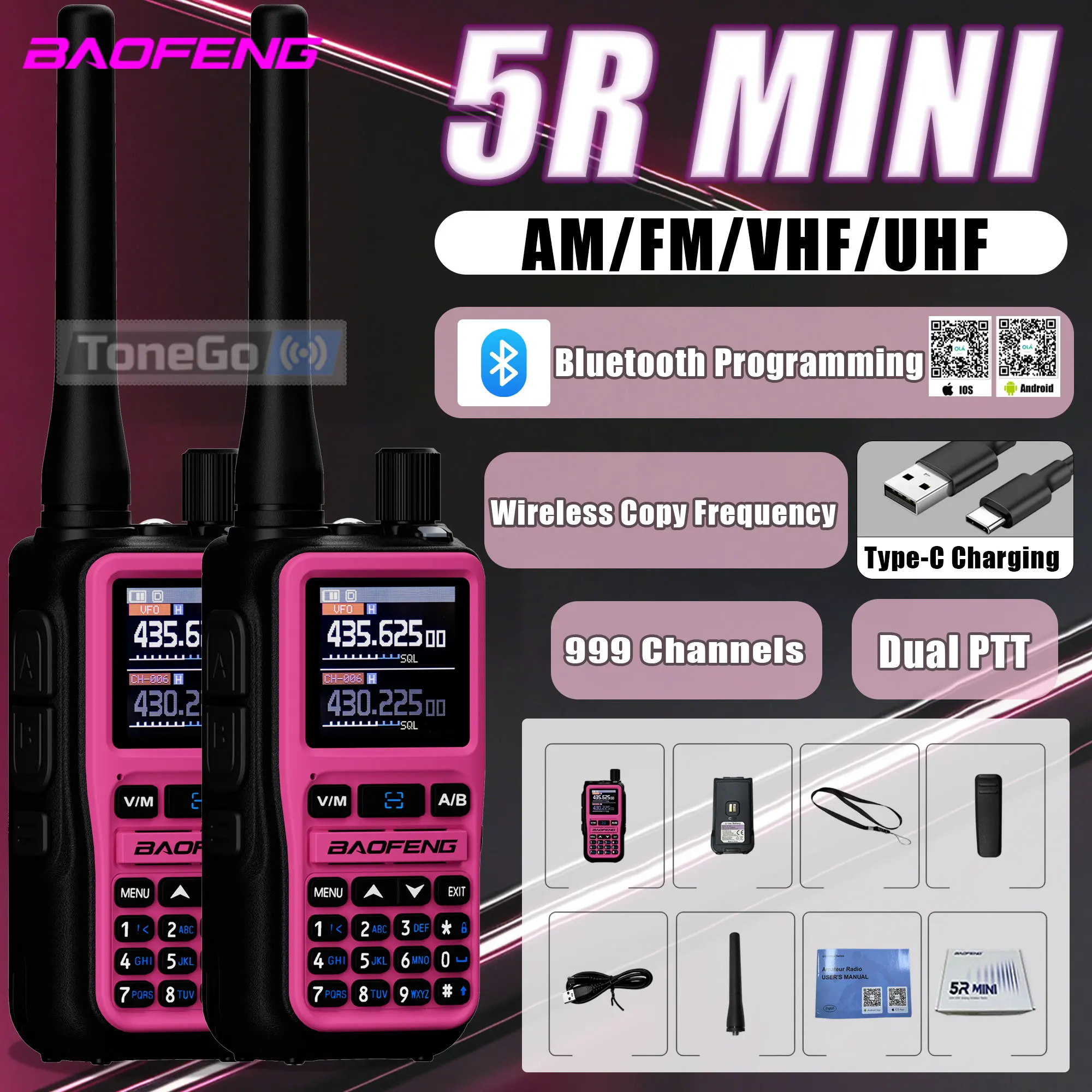 宝峰uv-5rミニ無線機マルチバンド999チャンネルbluetoothプログラムusb-c充電器ptt大画面ピンクハム双方向無線