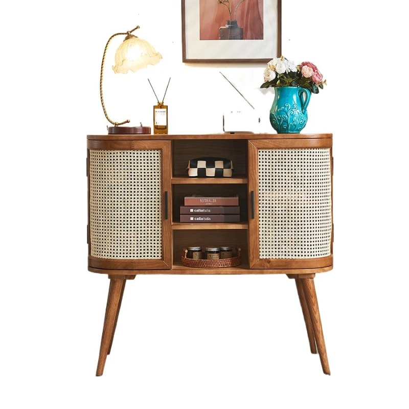 

Rattan locker Small apartment Living room antique solid wood storage cabinet Entrance Tea Dining side