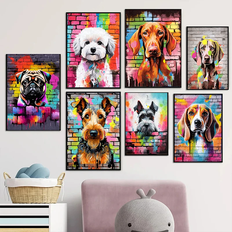 Cute Pet Dogs Graffiti Poster Prints Aesthetic Pug Dachshund Maltese Dog Wall Art Canvas Painting Home Kids Room Decor Picture