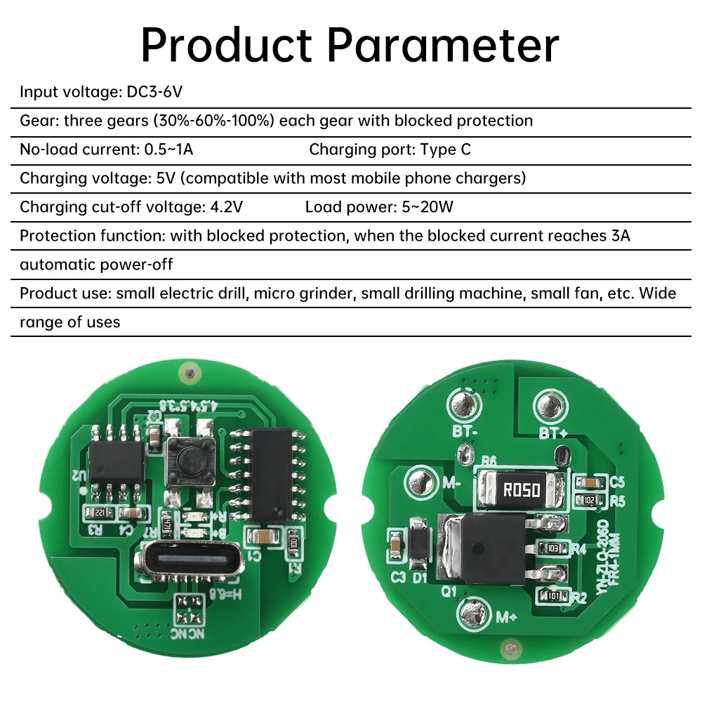 5-20W DC Motor Three Speed Driver Board DC 3-6V Circuit Board DIY Accessories Type-c Charging Module for Small Electric Drill