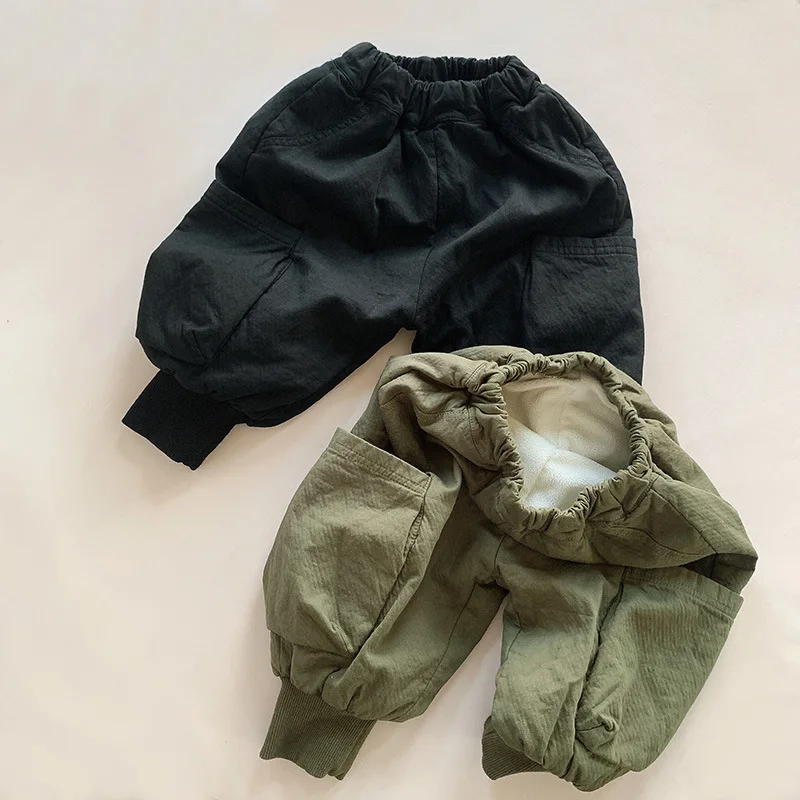 

Fleece-lined Pants Boys Grils Children Casual Korean Loose Solid Warm Fashionable Comfortable Al-matching Simple Cotton