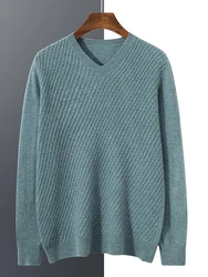 Autumn Winter Men's Cashmere Sweater Thick V-neck Wool Pullover 100% Merino Wool Knitwear Cable Knitting Comfy Sweater Jumpers