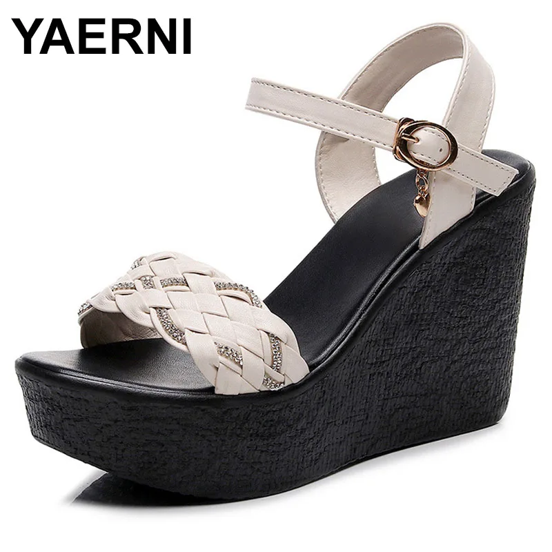 

Small Size 32-43 Breathable Rhinestone Soft Leather Platform Shoes Summer Women's High Heels Wedges Sandals Office Beach