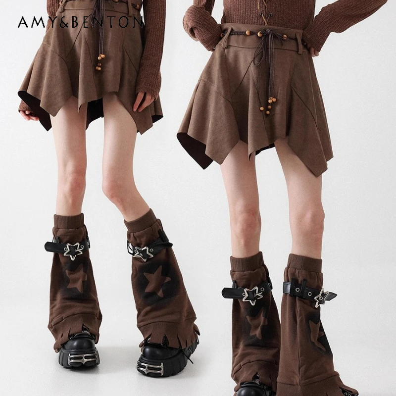 

Коричневые женские носки с пятиконечной звездой в американском стиле ретро, осень-зима, новые кожаные гетры с пряжкой и ремешком, женские гетры