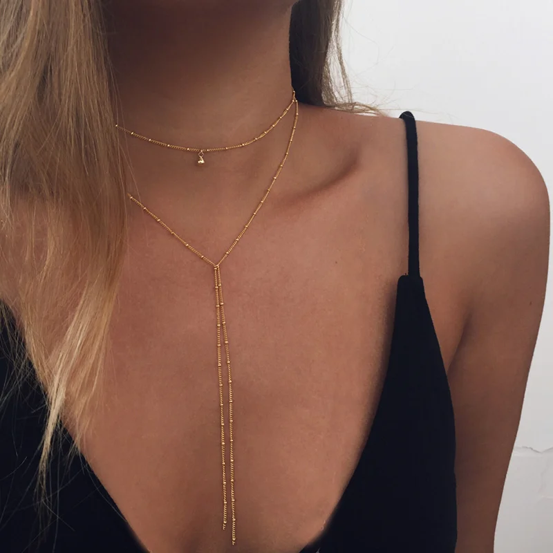 Gold Color Double Layered Long Tassel Chain Necklaces for Women Simple Metal Geometric Bead Choker Necklace Fashion Jewelry