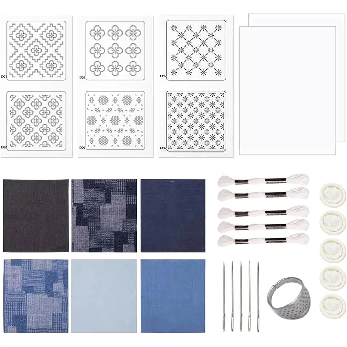 ABUA SashikoKit for Beginners, Thread , Water Soluble Patterns and Denim Fabric, for Hand Quilting Sewing Supplies