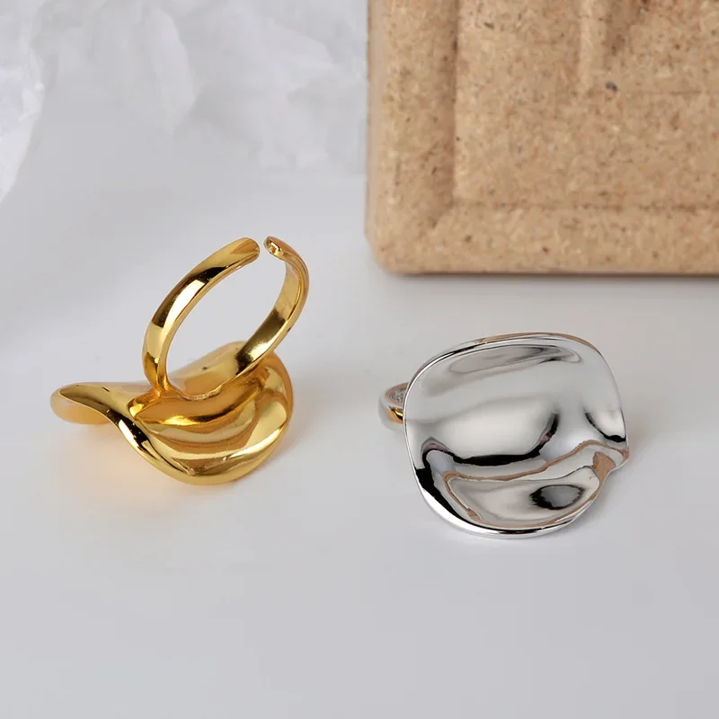 Ables Chic Handmade Thick Irregular Pattern 925 Sterling Silver Open Ring Wide Gold Tone Mirror Finish Rings R1068