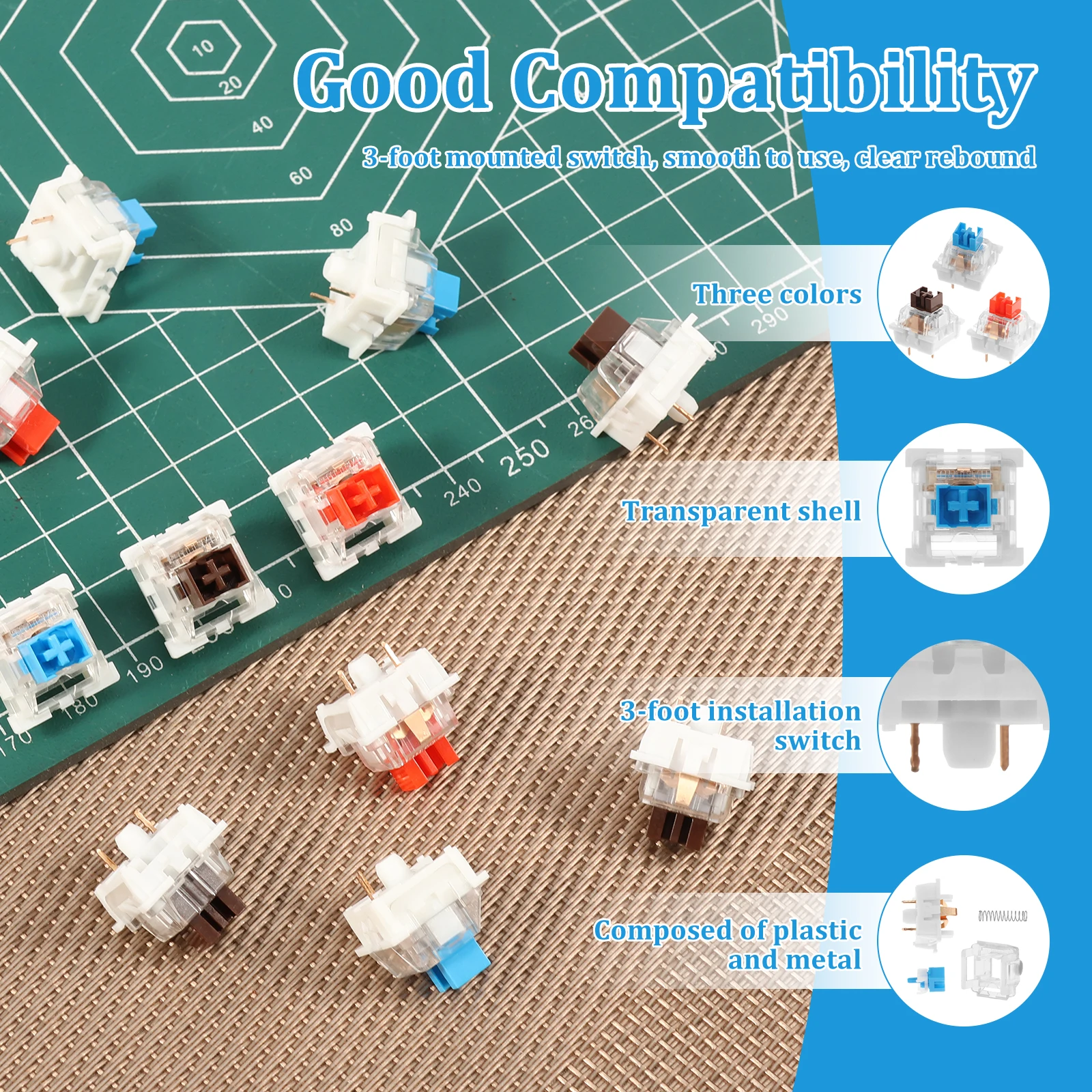150 Stück Schalter Ersatz 3 PIN mechanische Tastaturschalter Clicky, präzises Tippen, staubdicht, LED-Tastatur, Gaming-Tastatur