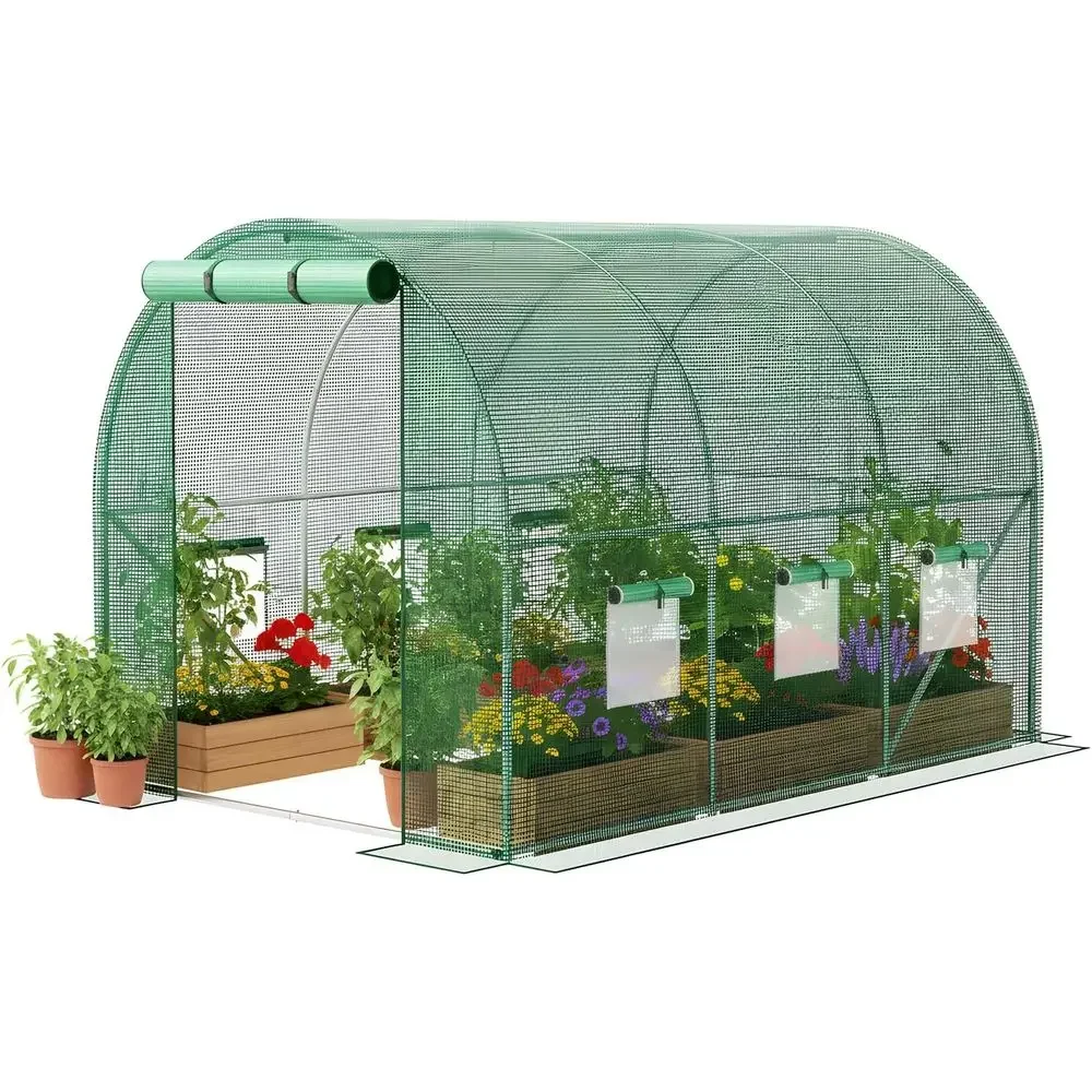 10x7x7ft Heavy-Duty Walk-In Garden Greenhouse with Reinforced PE Mesh, 6 Windows, Stakes, and Ropes, Green