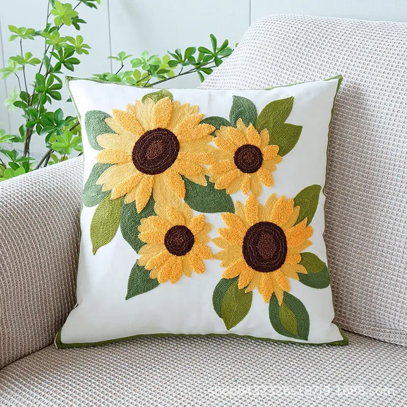 Linen and cotton cushion cover with dandelion embroidery for home decoration, cushion cover for sofa, high fashion