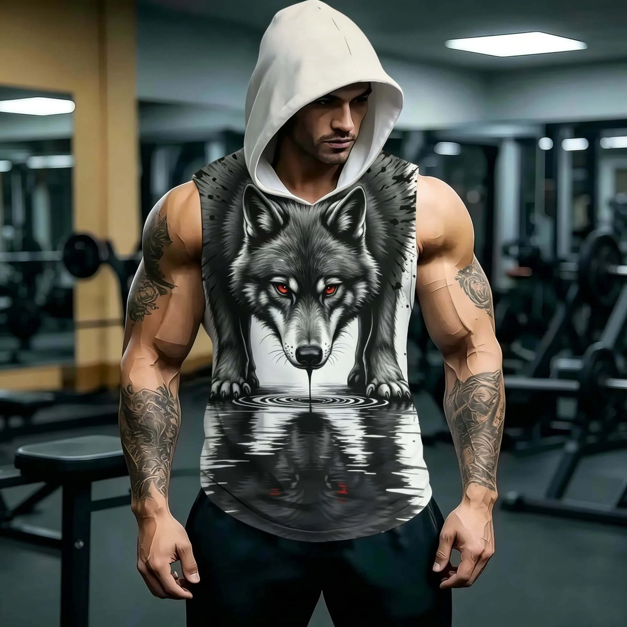 Daily Hip Hop Outfit Sleeveless Hooded Singlet Men 3D Splash Ink Wild Wolf Reflection Full Print Lightweight Gothic Streetwear