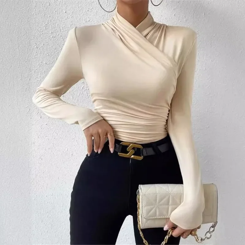 Women Autumn Winter Cross Neck Slim Fit Pleated Long Sleeve T Shirt Commuting