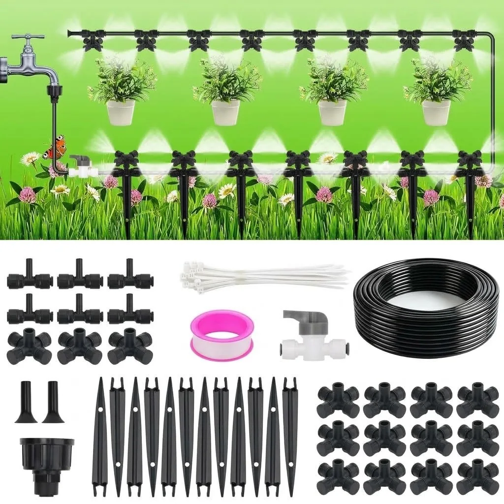 50FT Drip Irrigation System Kit Quick Connectors 1/4 inch Drip Tubing Garden Water Setup Featuring Reliable Quick Connect