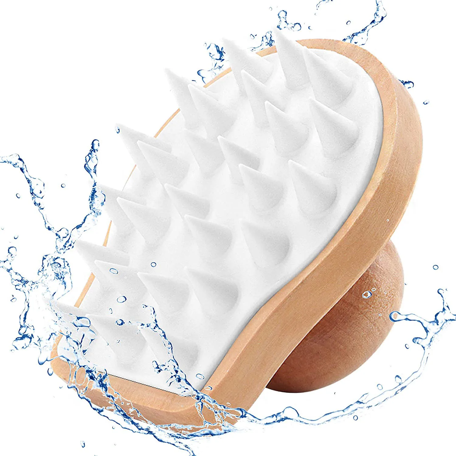 Brosse de massage du cuir chevelu avec poils en silicone souple, brosse de soin du cuir chevelu, épurateur de douche, support en bois, cheveux secs