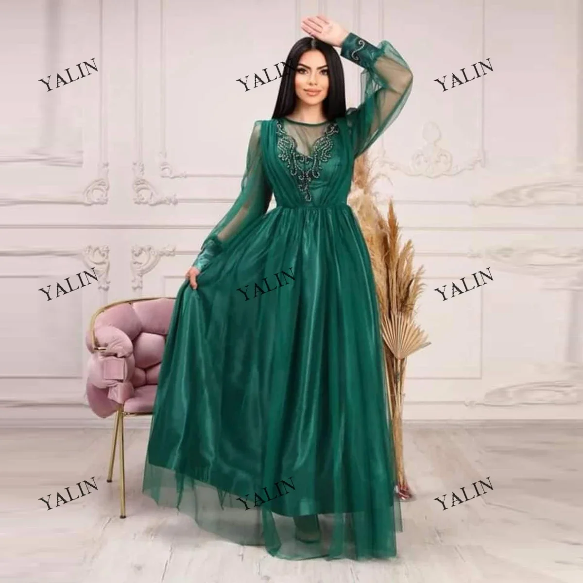 YALIN Elegantes Illusions-Abschlusskleid mit langen Ärmeln, bodenlang, A-Linie, Organza, Heimkehrkleid, muslimische Applikationen, Abschlussball