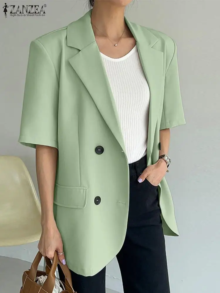 

ZANZEA Lady Short Sleeve Coats Office 2023 New Jacket Fashion Blazer Women Lapel Collar Solid Casual Loose Fake Pocket Outerwear