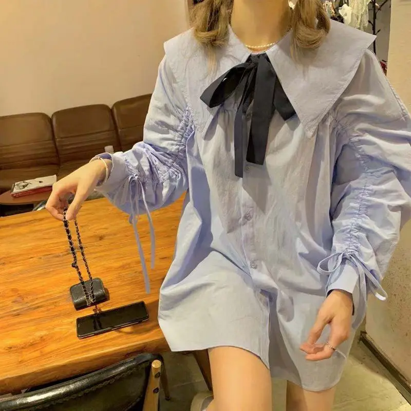 Autumn New Preppy Style Long-Sleeved Shirt Women's Korean-Style Loose Navy Collar Mid-Length Shirt Versatile Girl's Top