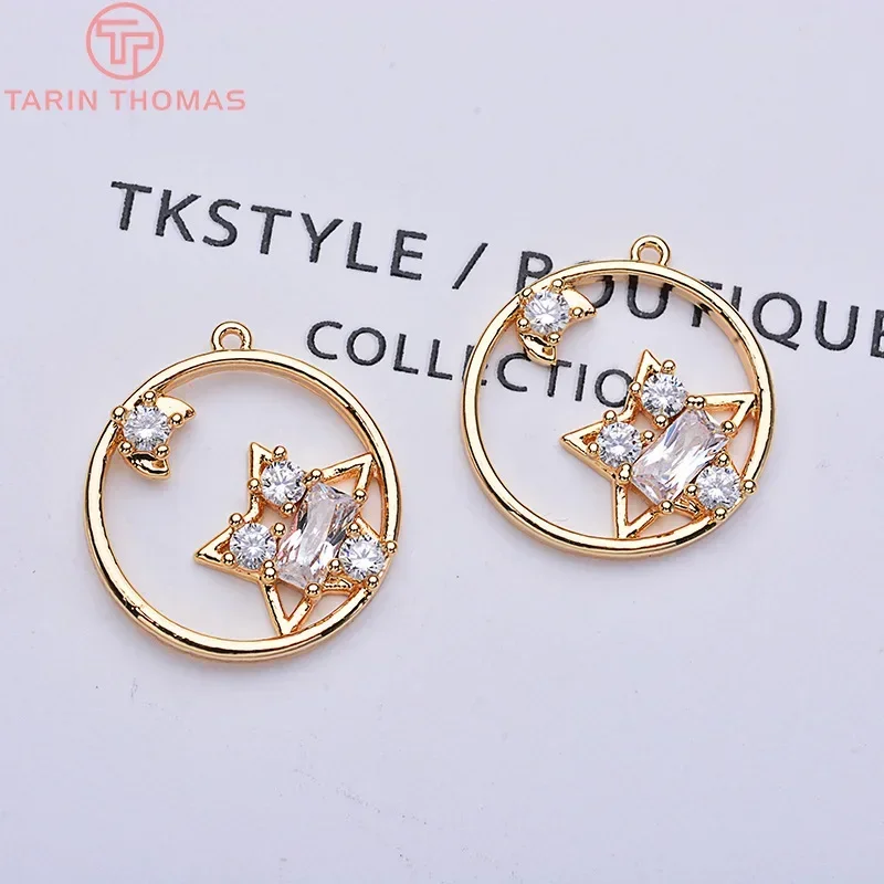 (498)6PCS 15x16MM 24K Gold Color Brass with Zircon Round with Star Charms Pendants High Quality Diy Jewelry Accessories