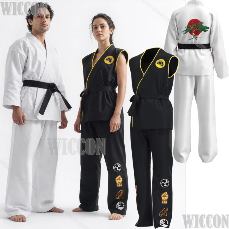 110-190 Karate KOF Cobra Kai Cosplay Costume Man Black White Kimono Uniform Headband Anime Movie Halloween Party Suit Tracksuit