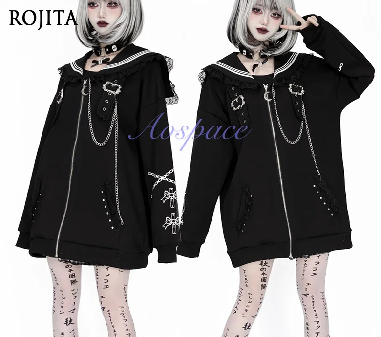 

Subculture Printed Long Sleeve Navy Sailor Jacket Women Original Gothic Printed Splicing Color Loose Mid-length Balck Jacket