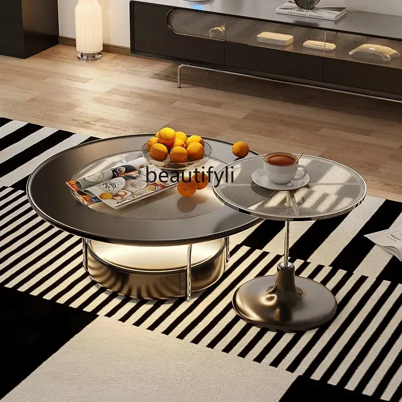 

XX39Small Apartment round Black Tea Table Living Room Home Size Glass Tea Table Combination French Middle Ancient