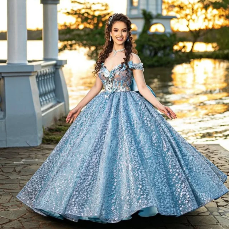 

Shiny Pink Quinceanera Dress off-shoulder glitter Decal Big Bow Long tail Vestidos De 15 Quinceanera ﻿Customize