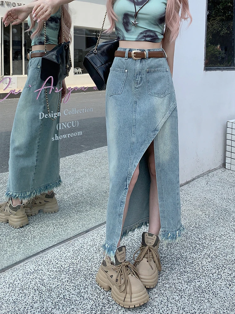 

Fashion Blue Denim Skirts For Women Elegant High Waist Slit Long Skirt Streetwear Casual Chic Faldas Female Clothing