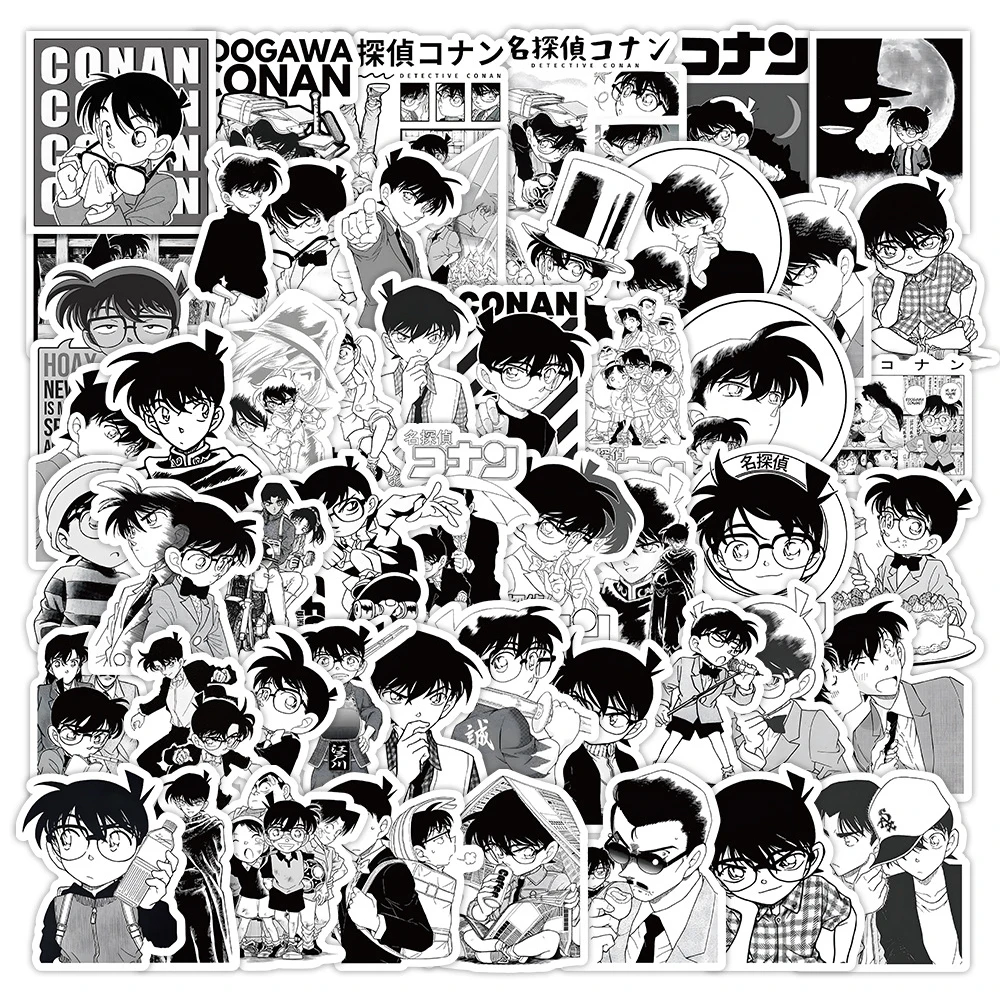 Pegatinas de Detective Conan de Anime para niños, calcomanías de Graffiti geniales, calcomanías para teléfono, monopatín, cuaderno, dibujos animados, 10/30/60 piezas, blanco y negro